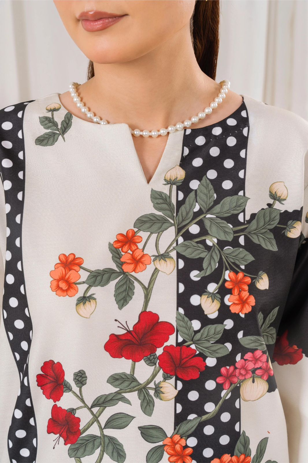 Floral Printed Two-Piece Lawn Suit – White & Black
