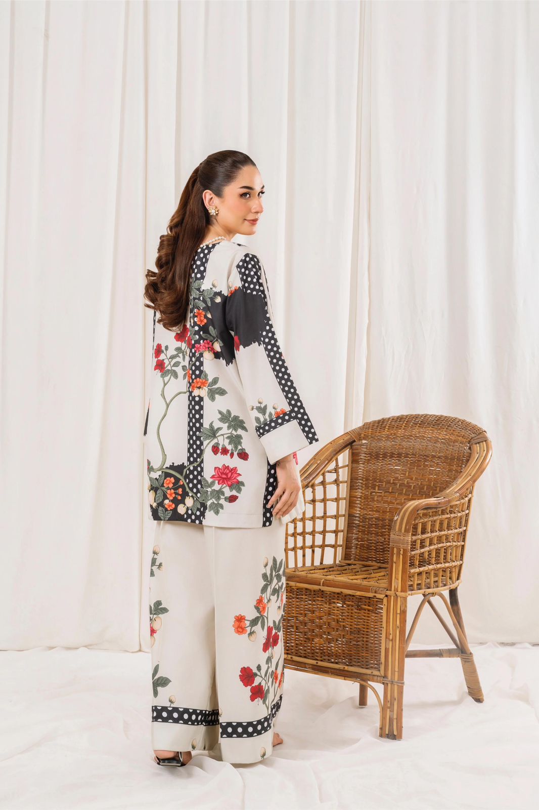 Floral Printed Two-Piece Lawn Suit – White & Black